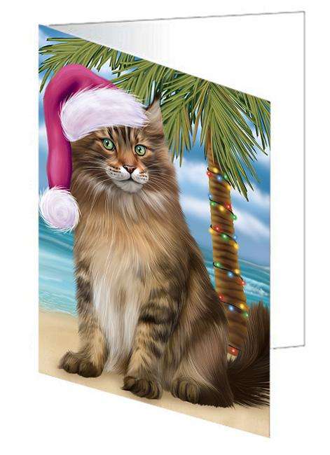 Summertime Happy Holidays Christmas Maine Coon Cat on Tropical Island Beach Handmade Artwork Assorted Pets Greeting Cards and Note Cards with Envelopes for All Occasions and Holiday Seasons GCD67733