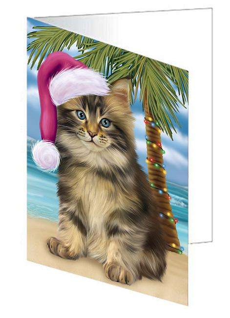 Summertime Happy Holidays Christmas Maine Coon Cat on Tropical Island Beach Handmade Artwork Assorted Pets Greeting Cards and Note Cards with Envelopes for All Occasions and Holiday Seasons GCD67736