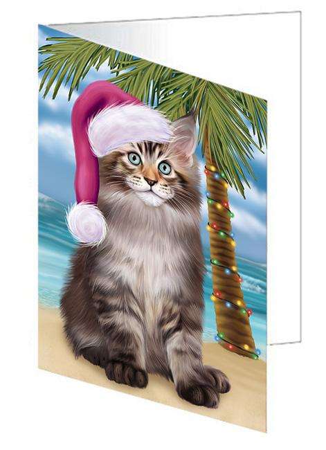 Summertime Happy Holidays Christmas Maine Coon Cat on Tropical Island Beach Handmade Artwork Assorted Pets Greeting Cards and Note Cards with Envelopes for All Occasions and Holiday Seasons GCD67739