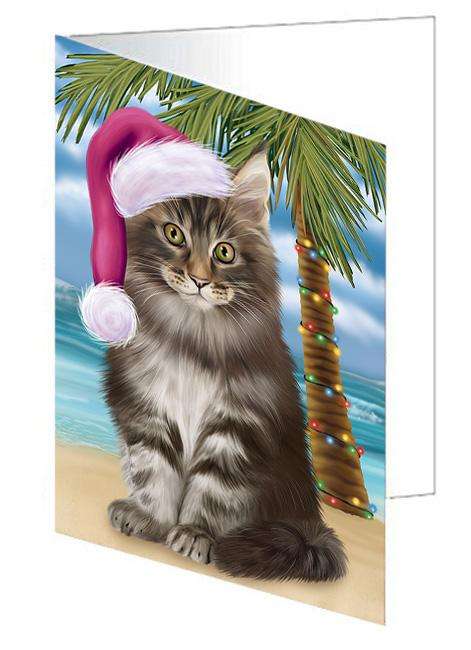 Summertime Happy Holidays Christmas Maine Coon Cat on Tropical Island Beach Handmade Artwork Assorted Pets Greeting Cards and Note Cards with Envelopes for All Occasions and Holiday Seasons GCD67742