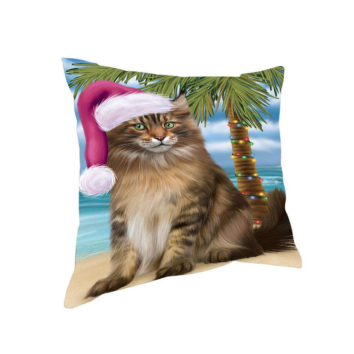 Summertime Happy Holidays Christmas Maine Coon Cat on Tropical Island Beach Pillow PIL74896