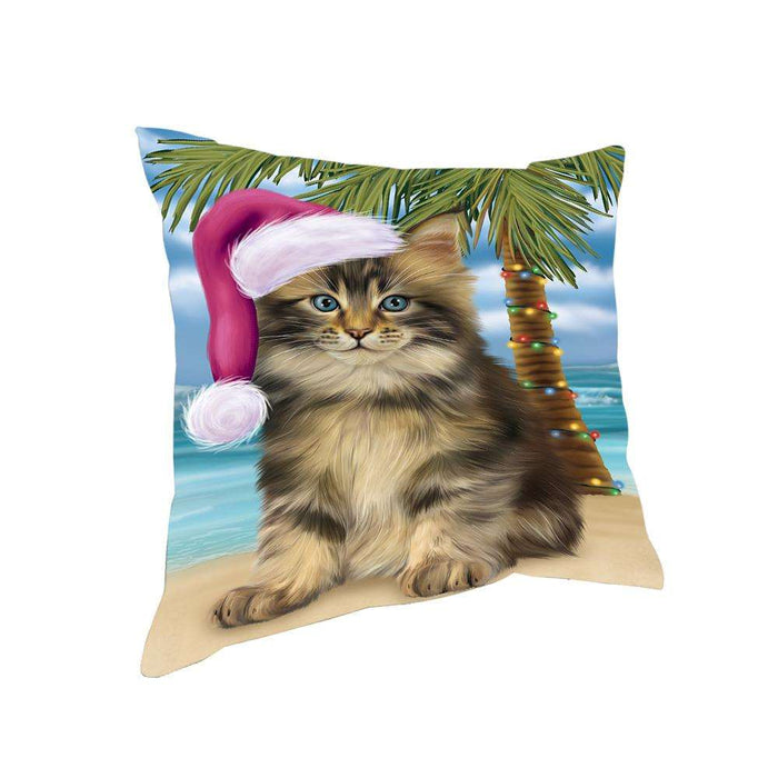 Summertime Happy Holidays Christmas Maine Coon Cat on Tropical Island Beach Pillow PIL74900