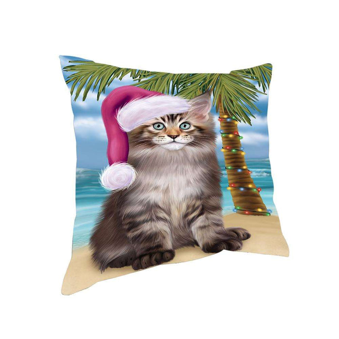 Summertime Happy Holidays Christmas Maine Coon Cat on Tropical Island Beach Pillow PIL74904