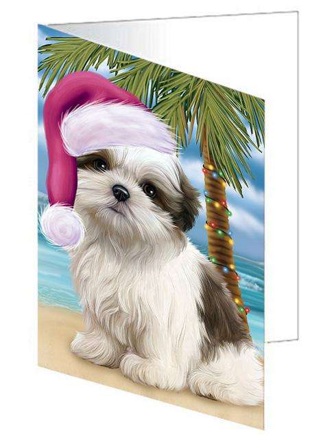 Summertime Happy Holidays Christmas Malti Tzu Dog on Tropical Island Beach Handmade Artwork Assorted Pets Greeting Cards and Note Cards with Envelopes for All Occasions and Holiday Seasons GCD67748