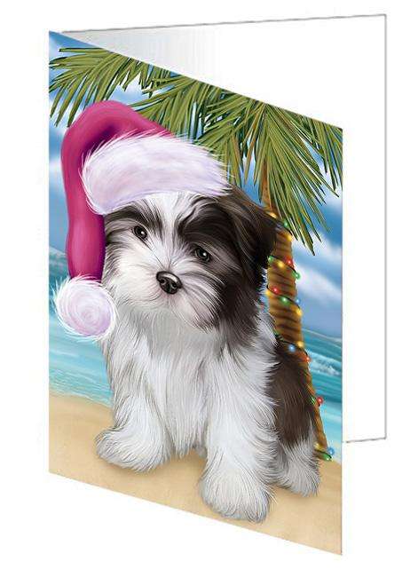 Summertime Happy Holidays Christmas Malti Tzu Dog on Tropical Island Beach Handmade Artwork Assorted Pets Greeting Cards and Note Cards with Envelopes for All Occasions and Holiday Seasons GCD67751