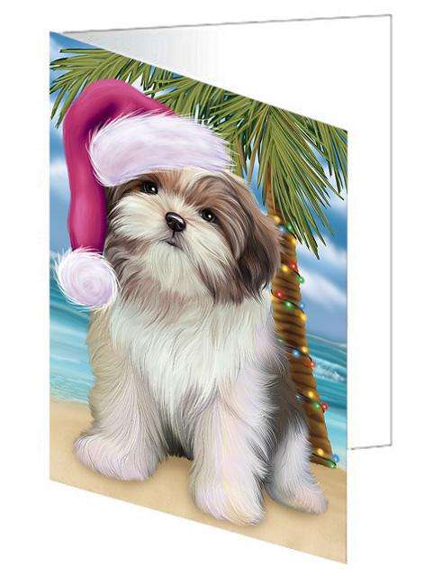 Summertime Happy Holidays Christmas Malti Tzu Dog on Tropical Island Beach Handmade Artwork Assorted Pets Greeting Cards and Note Cards with Envelopes for All Occasions and Holiday Seasons GCD67754