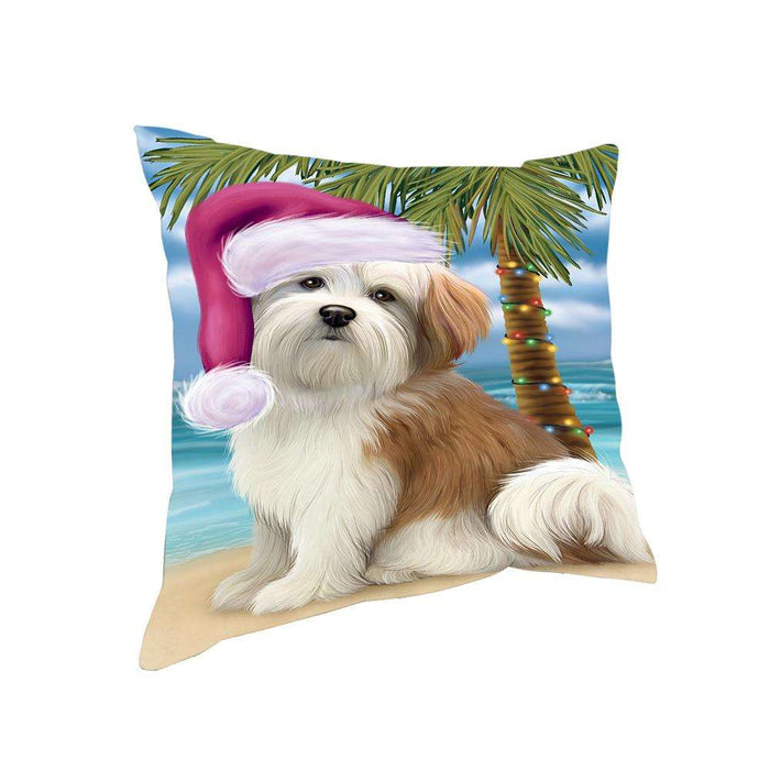 Summertime Happy Holidays Christmas Malti Tzu Dog on Tropical Island Beach Pillow PIL74912