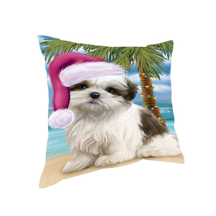 Summertime Happy Holidays Christmas Malti Tzu Dog on Tropical Island Beach Pillow PIL74916