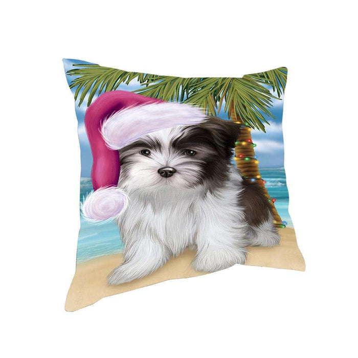 Summertime Happy Holidays Christmas Malti Tzu Dog on Tropical Island Beach Pillow PIL74920