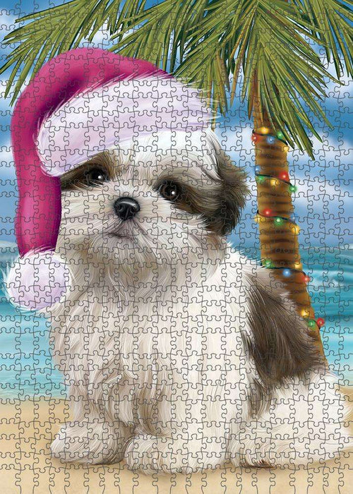 Summertime Happy Holidays Christmas Malti Tzu Dog on Tropical Island Beach Puzzle with Photo Tin PUZL85448