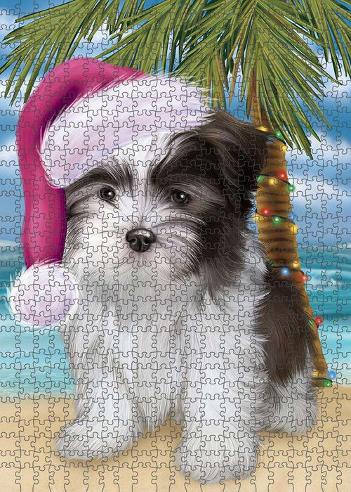 Summertime Happy Holidays Christmas Malti Tzu Dog on Tropical Island Beach Puzzle with Photo Tin PUZL85452