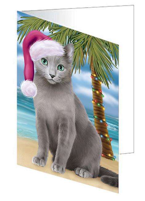 Summertime Happy Holidays Christmas Russian Blue Cat on Tropical Island Beach Handmade Artwork Assorted Pets Greeting Cards and Note Cards with Envelopes for All Occasions and Holiday Seasons GCD67760