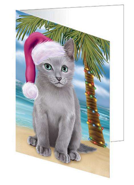 Summertime Happy Holidays Christmas Russian Blue Cat on Tropical Island Beach Handmade Artwork Assorted Pets Greeting Cards and Note Cards with Envelopes for All Occasions and Holiday Seasons GCD67763