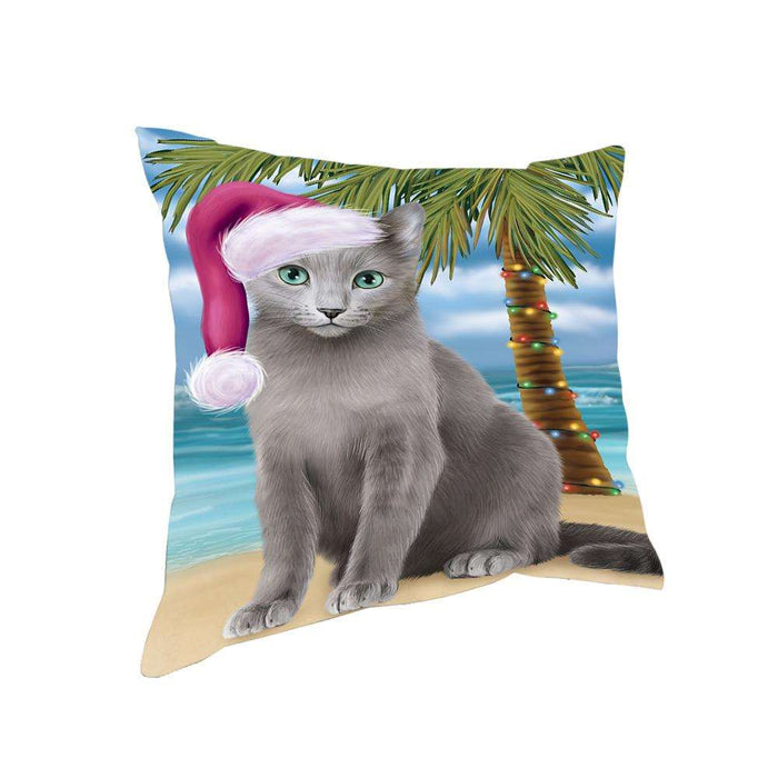 Summertime Happy Holidays Christmas Russian Blue Cat on Tropical Island Beach Pillow PIL74932