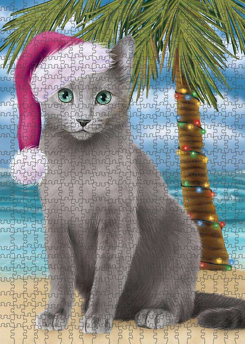 Summertime Happy Holidays Christmas Russian Blue Cat on Tropical Island Beach Puzzle with Photo Tin PUZL85464