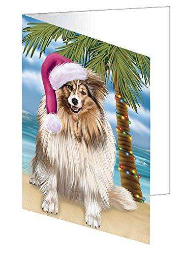 Summertime Happy Holidays Christmas Shetland Sheepdogs Dog on Tropical Island Beach Handmade Artwork Assorted Pets Greeting Cards and Note Cards with Envelopes for All Occasions and Holiday Seasons D442