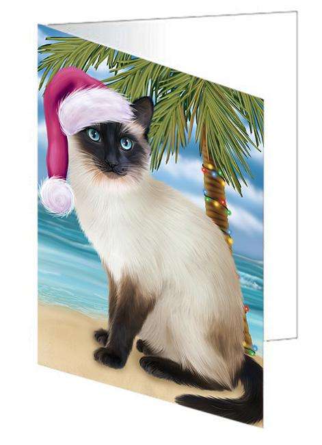 Summertime Happy Holidays Christmas Siamese Cat on Tropical Island Beach Handmade Artwork Assorted Pets Greeting Cards and Note Cards with Envelopes for All Occasions and Holiday Seasons GCD67766