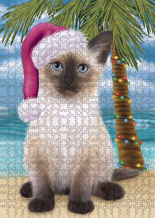 Summertime Happy Holidays Christmas Siamese Cat on Tropical Island Beach Puzzle with Photo Tin PUZL85476