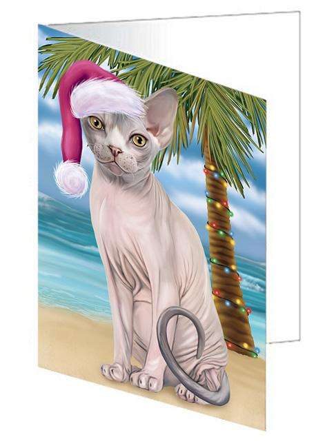 Summertime Happy Holidays Christmas Sphynx Cat on Tropical Island Beach Handmade Artwork Assorted Pets Greeting Cards and Note Cards with Envelopes for All Occasions and Holiday Seasons GCD67772