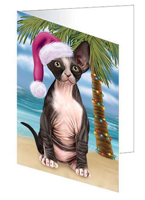 Summertime Happy Holidays Christmas Sphynx Cat on Tropical Island Beach Handmade Artwork Assorted Pets Greeting Cards and Note Cards with Envelopes for All Occasions and Holiday Seasons GCD67775