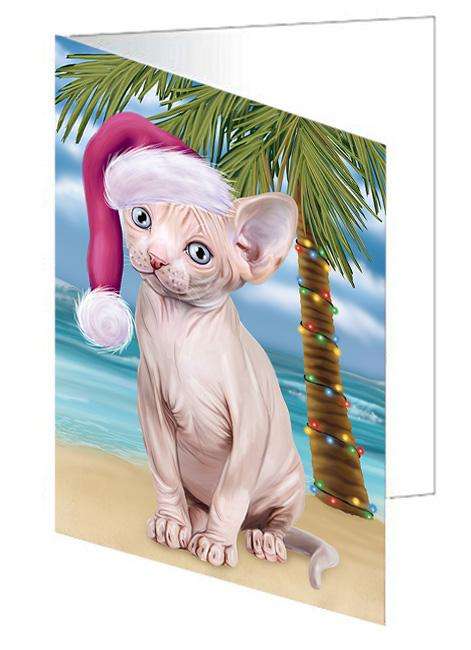 Summertime Happy Holidays Christmas Sphynx Cat on Tropical Island Beach Handmade Artwork Assorted Pets Greeting Cards and Note Cards with Envelopes for All Occasions and Holiday Seasons GCD67778