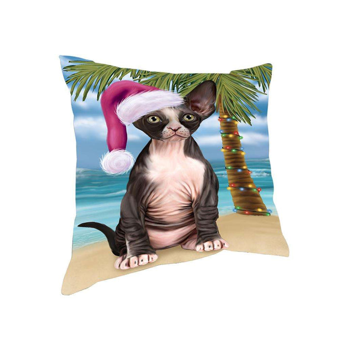 Summertime Happy Holidays Christmas Sphynx Cat on Tropical Island Beach Pillow PIL74952