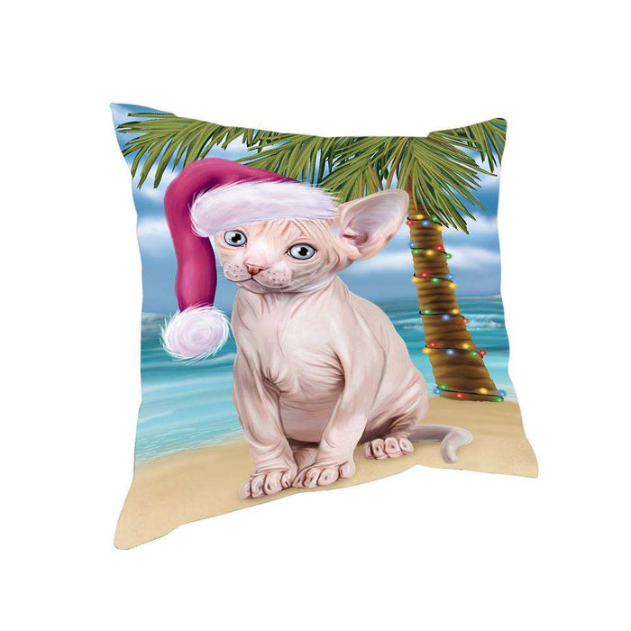 Summertime Happy Holidays Christmas Sphynx Cat on Tropical Island Beach Pillow PIL74956