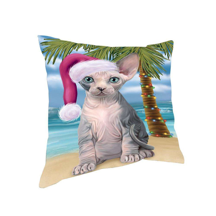 Summertime Happy Holidays Christmas Sphynx Cat on Tropical Island Beach Pillow PIL74960