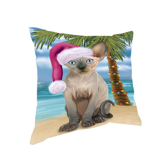 Summertime Happy Holidays Christmas Sphynx Cat on Tropical Island Beach Pillow PIL74964