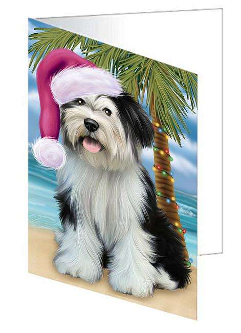 Summertime Happy Holidays Christmas Tibetan Terrier Dog on Tropical Island Beach Handmade Artwork Assorted Pets Greeting Cards and Note Cards with Envelopes for All Occasions and Holiday Seasons GCD67796