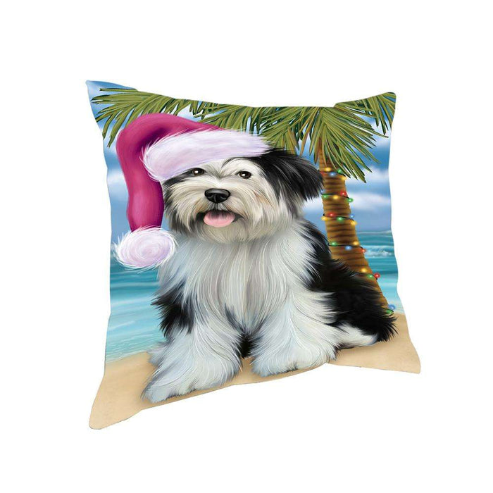 Summertime Happy Holidays Christmas Tibetan Terrier Dog on Tropical Island Beach Pillow PIL74980