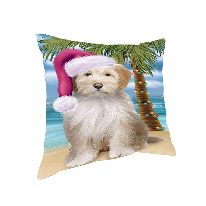 Summertime Happy Holidays Christmas Tibetan Terrier Dog on Tropical Island Beach Pillow PIL74984