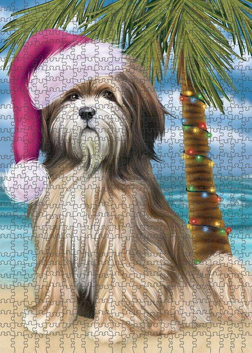 Summertime Happy Holidays Christmas Tibetan Terrier Dog on Tropical Island Beach Puzzle with Photo Tin PUZL85500