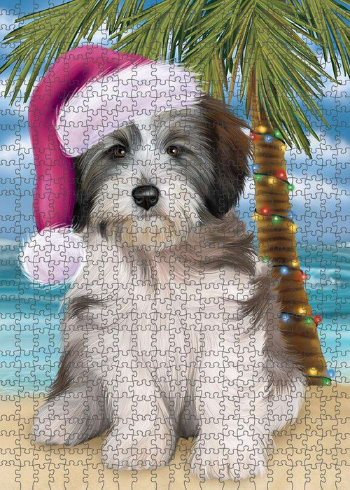 Summertime Happy Holidays Christmas Tibetan Terrier Dog on Tropical Island Beach Puzzle with Photo Tin PUZL85504