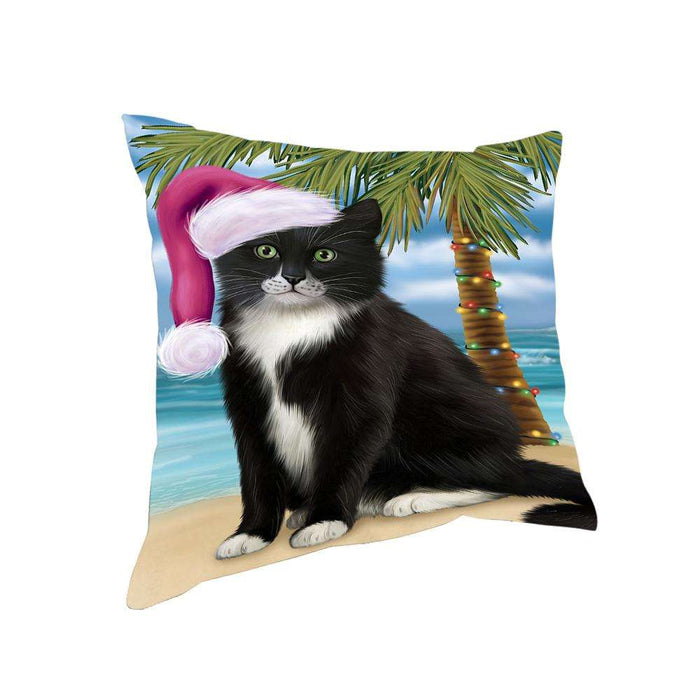 Summertime Happy Holidays Christmas Tuxedo Cat on Tropical Island Beach Pillow PIL74988