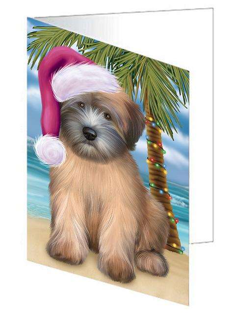 Summertime Happy Holidays Christmas Wheaten Terrier Dog on Tropical Island Beach Handmade Artwork Assorted Pets Greeting Cards and Note Cards with Envelopes for All Occasions and Holiday Seasons GCD67811