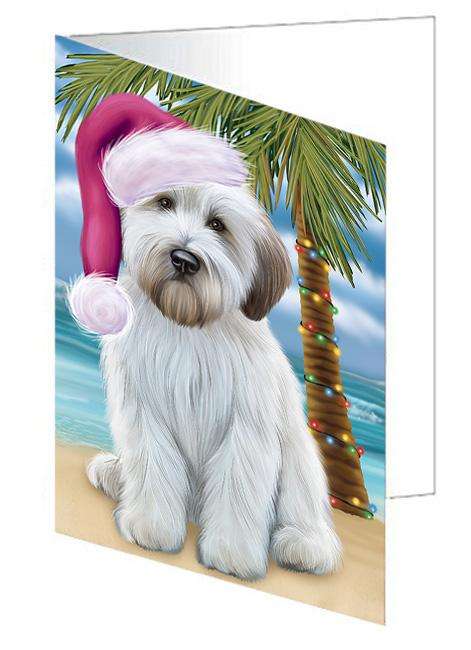 Summertime Happy Holidays Christmas Wheaten Terrier Dog on Tropical Island Beach Handmade Artwork Assorted Pets Greeting Cards and Note Cards with Envelopes for All Occasions and Holiday Seasons GCD67814