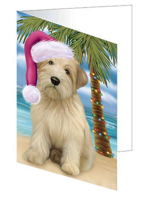 Summertime Happy Holidays Christmas Wheaten Terrier Dog on Tropical Island Beach Handmade Artwork Assorted Pets Greeting Cards and Note Cards with Envelopes for All Occasions and Holiday Seasons GCD67817