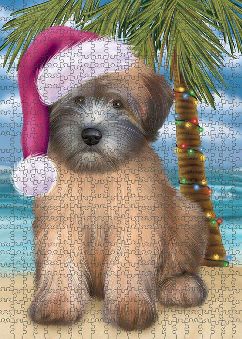 Summertime Happy Holidays Christmas Wheaten Terrier Dog on Tropical Island Beach Puzzle with Photo Tin PUZL85532