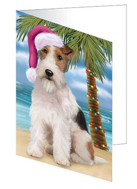 Summertime Happy Holidays Christmas Wire Fox Terrier Dog on Tropical Island Beach Handmade Artwork Assorted Pets Greeting Cards and Note Cards with Envelopes for All Occasions and Holiday Seasons GCD67820
