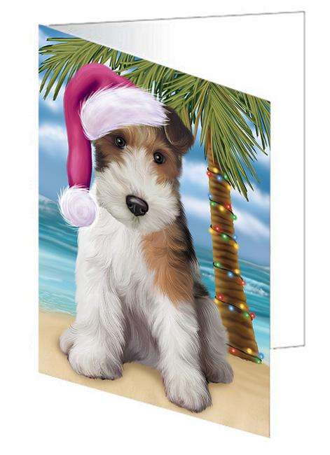 Summertime Happy Holidays Christmas Wire Fox Terrier Dog on Tropical Island Beach Handmade Artwork Assorted Pets Greeting Cards and Note Cards with Envelopes for All Occasions and Holiday Seasons GCD67826