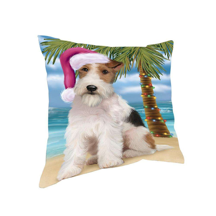 Summertime Happy Holidays Christmas Wire Fox Terrier Dog on Tropical Island Beach Pillow PIL75012