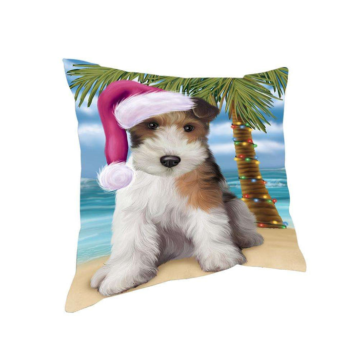Summertime Happy Holidays Christmas Wire Fox Terrier Dog on Tropical Island Beach Pillow PIL75020