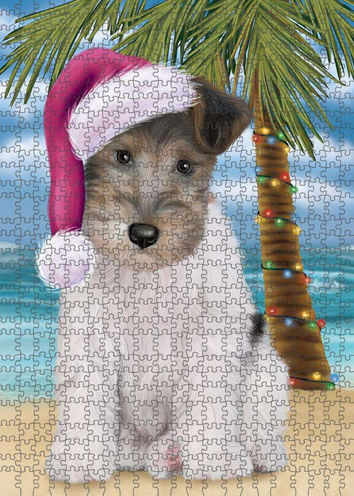 Summertime Happy Holidays Christmas Wire Fox Terrier Dog on Tropical Island Beach Puzzle with Photo Tin PUZL85548