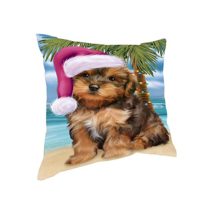 Summertime Happy Holidays Christmas Yorkipoo Dog on Tropical Island Beach Pillow PIL75028