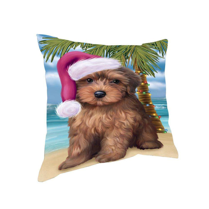 Summertime Happy Holidays Christmas Yorkipoo Dog on Tropical Island Beach Pillow PIL75040
