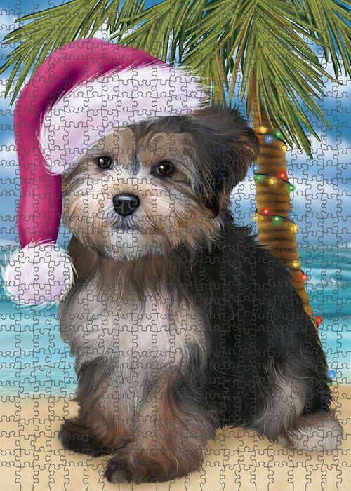 Summertime Happy Holidays Christmas Yorkipoo Dog on Tropical Island Beach Puzzle with Photo Tin PUZL85568
