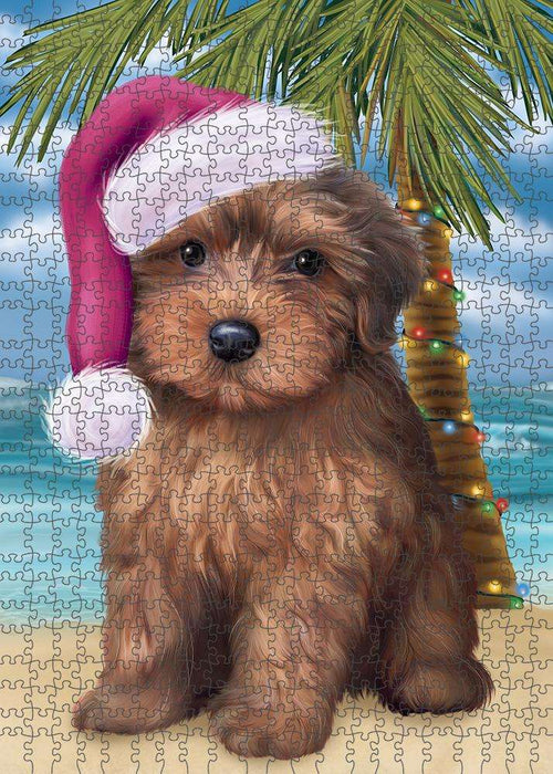Summertime Happy Holidays Christmas Yorkipoo Dog on Tropical Island Beach Puzzle with Photo Tin PUZL85572