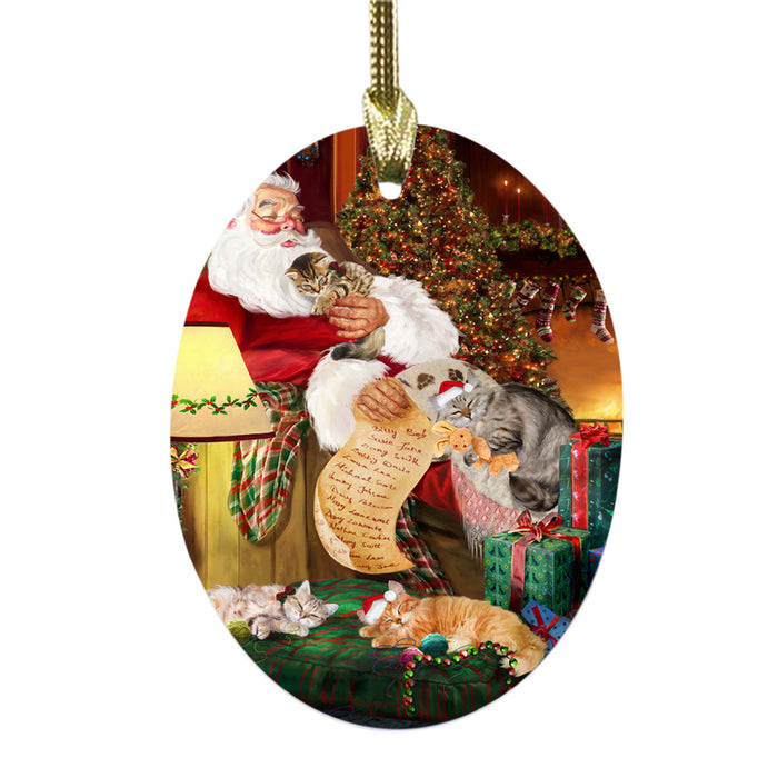Siberian Cats and Kittens Sleeping with Santa Oval Glass Christmas Ornament OGOR49323