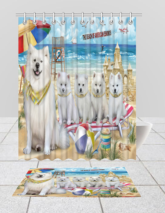 Pet Friendly Beach American Eskimo Dogs Bath Mat and Shower Curtain Combo
